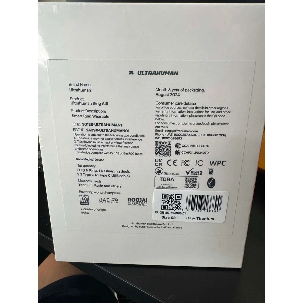Ultrahuman Ring AIR‎ Smart Ring Raw Titanium Size 08 Health Tracker NIB